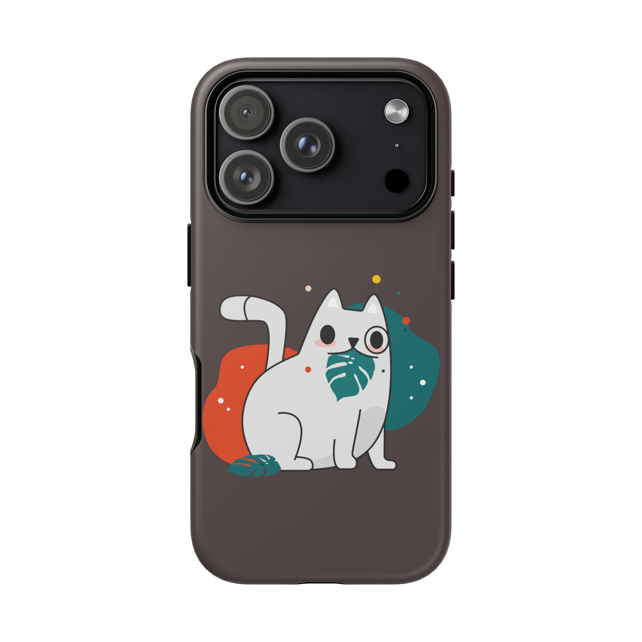Cute White Cat Phone Case – Playful Cat with Leaf Design, Protective Tough Case
