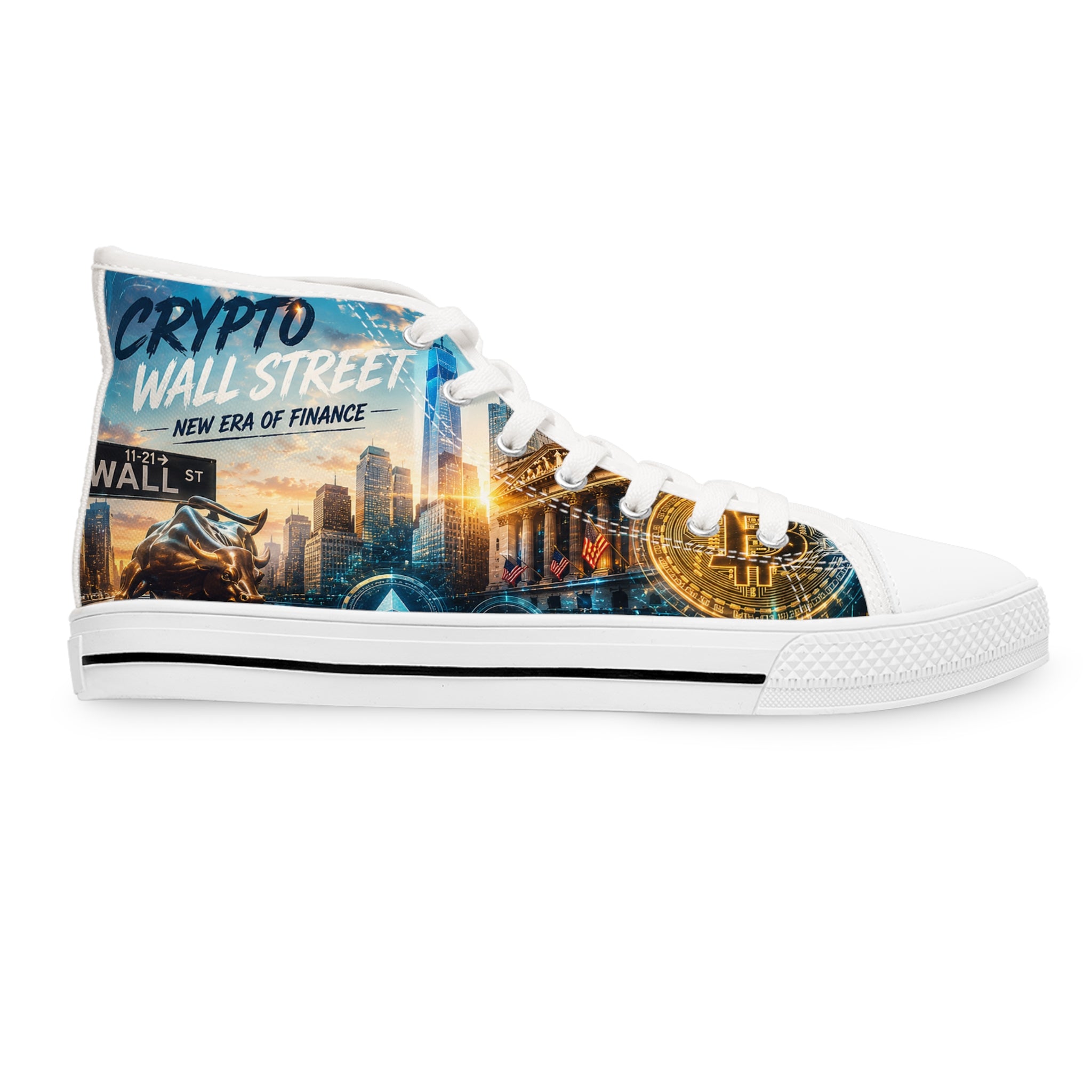 Crypto Street Skyline High Top Sneakers | Bitcoin Cityscape Design