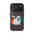 Cute White Cat Phone Case – Playful Cat with Leaf Design, Protective Tough Case