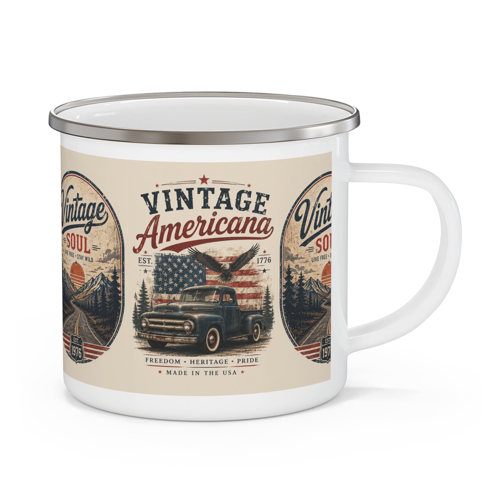 Vintage Americana truck enamel mug | Retro patriotic camping mug
