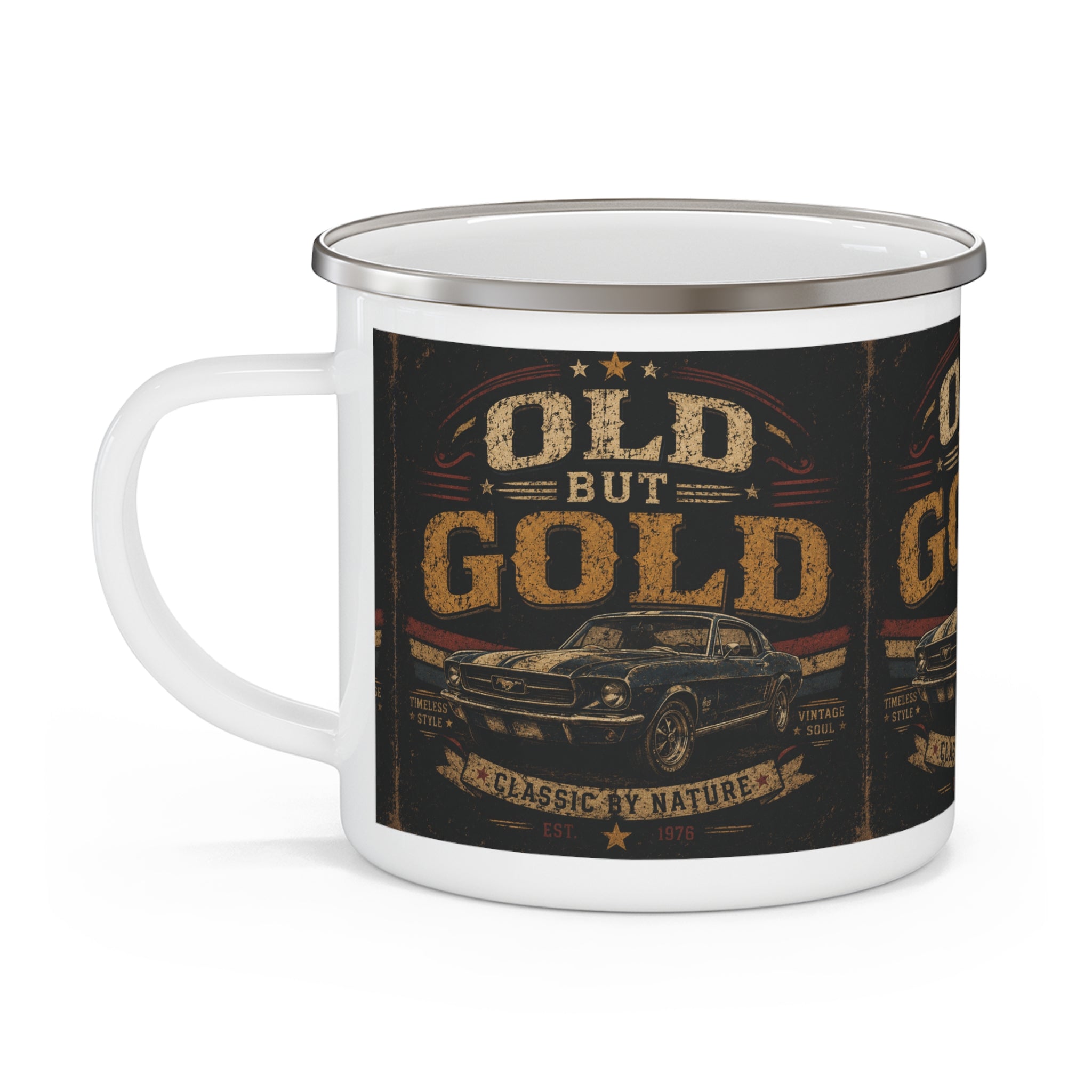 Old But Gold Classic Car Enamel Mug | Vintage Muscle Car Camping Cup