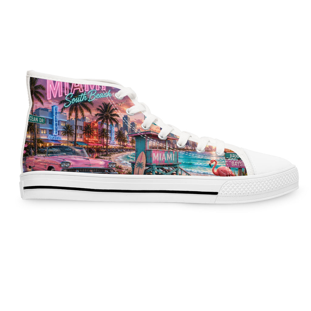 Miami Retro Beach Scene Women's High Top Sneakers | Palm Trees Neon Sunset