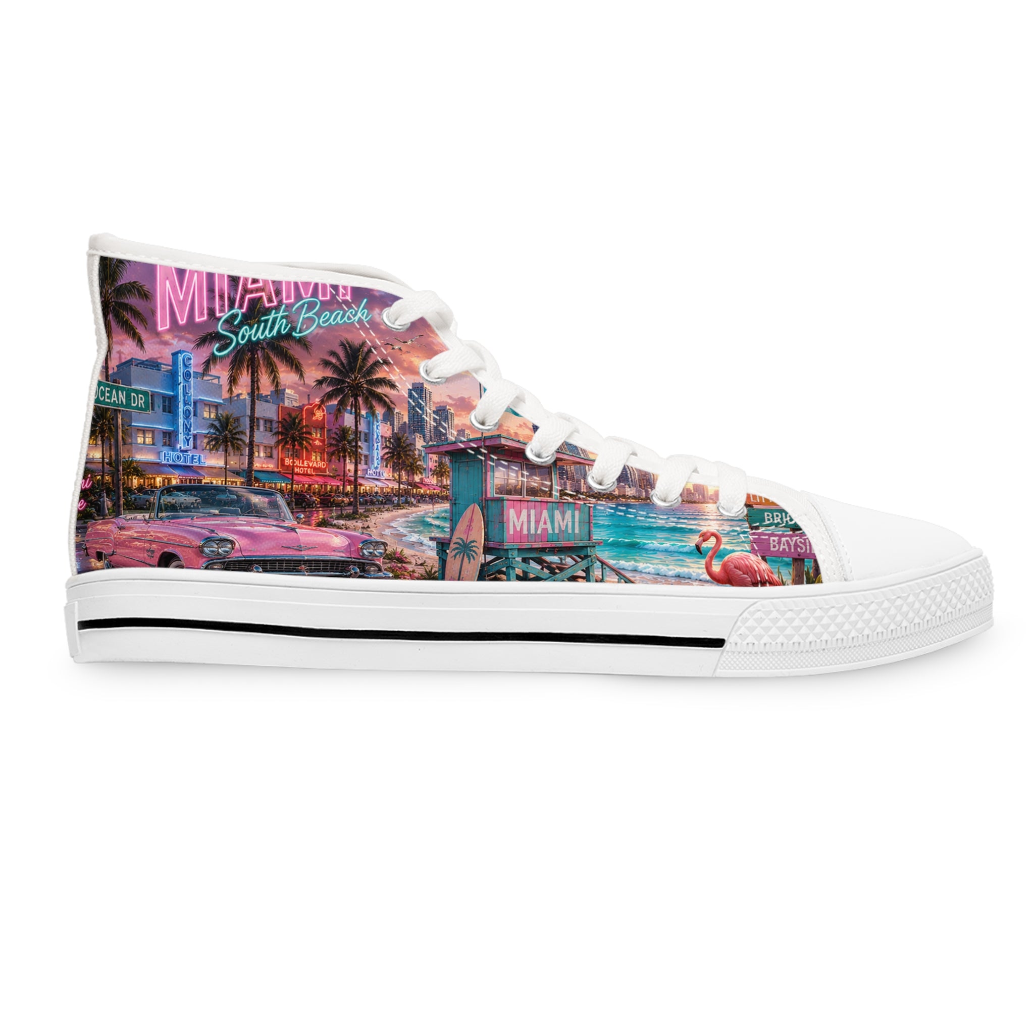 Miami Retro Beach Scene Women's High Top Sneakers | Palm Trees Neon Sunset