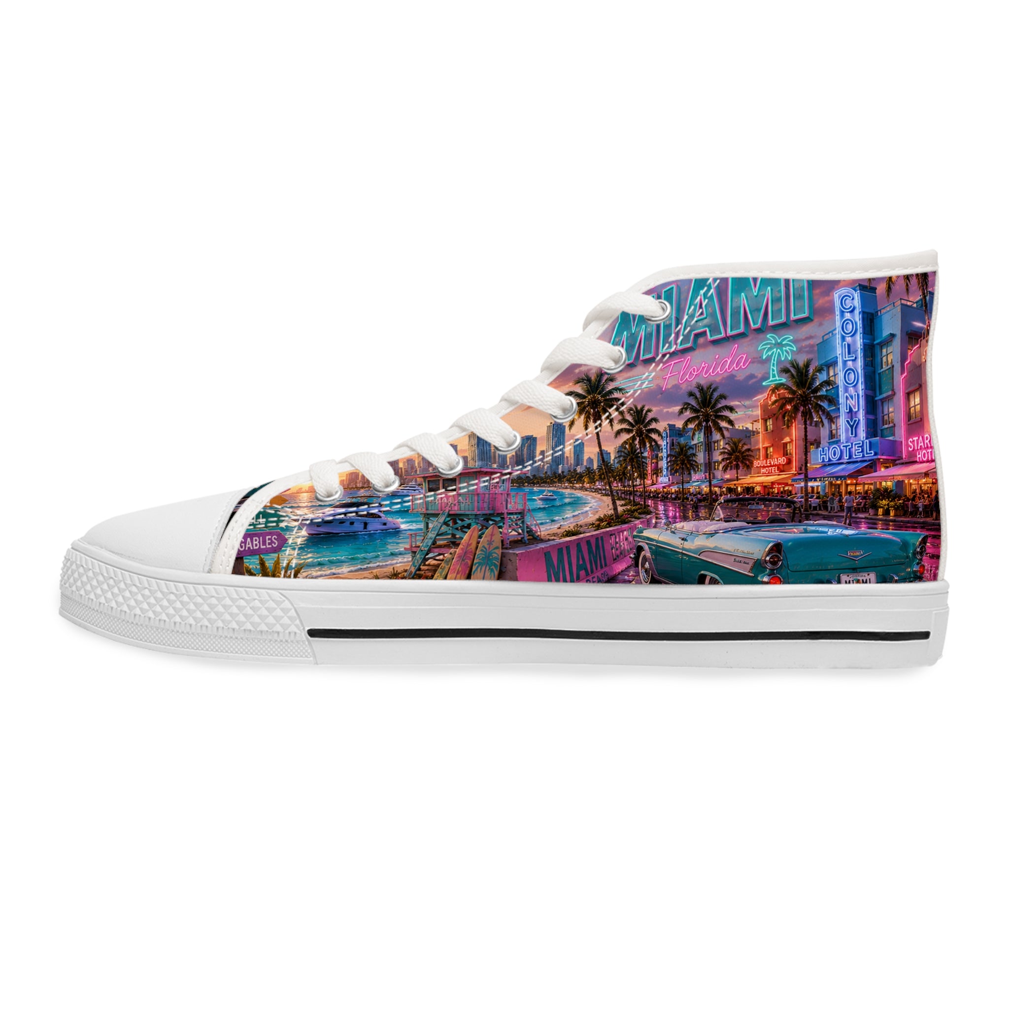 Miami Retro Beach Scene Women's High Top Sneakers | Palm Trees Neon Sunset