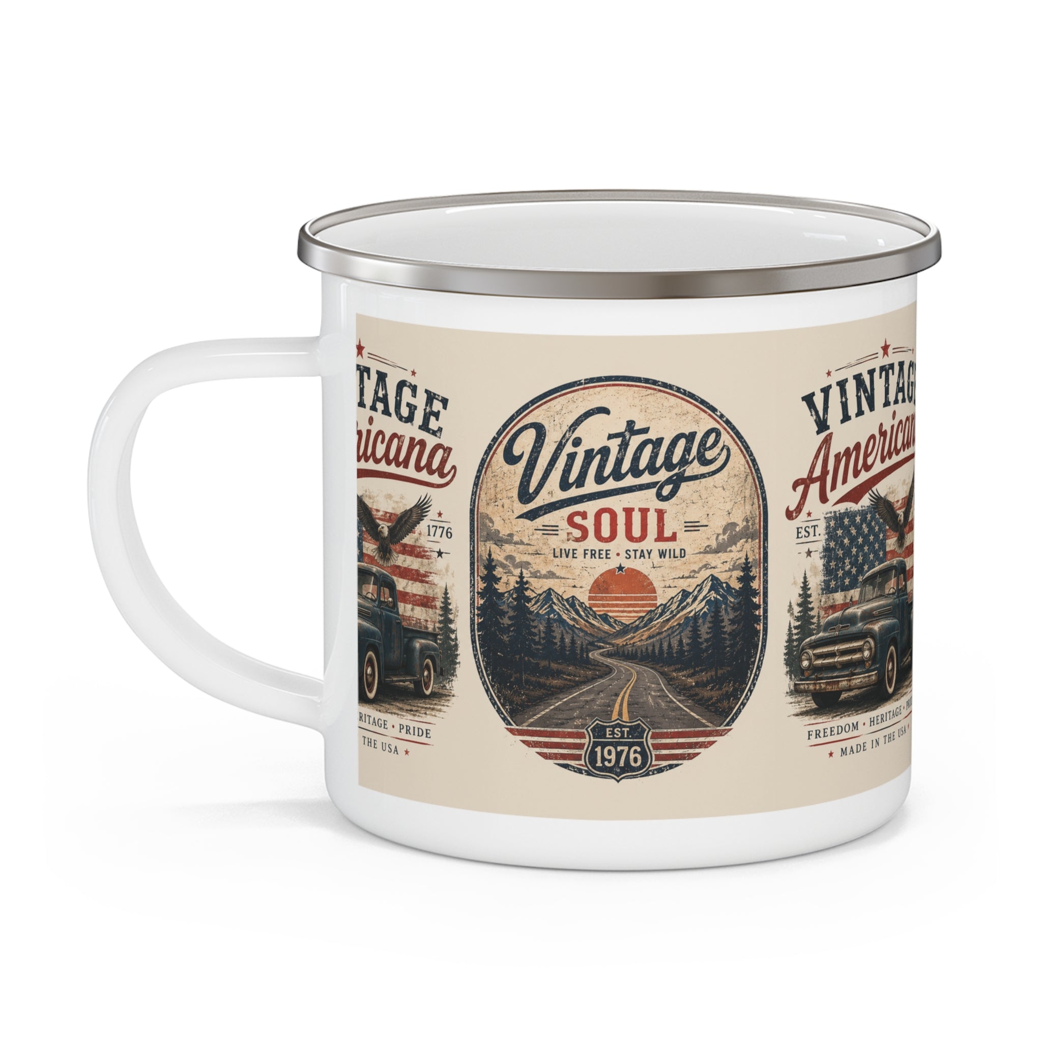 Vintage Americana truck enamel mug | Retro patriotic camping mug