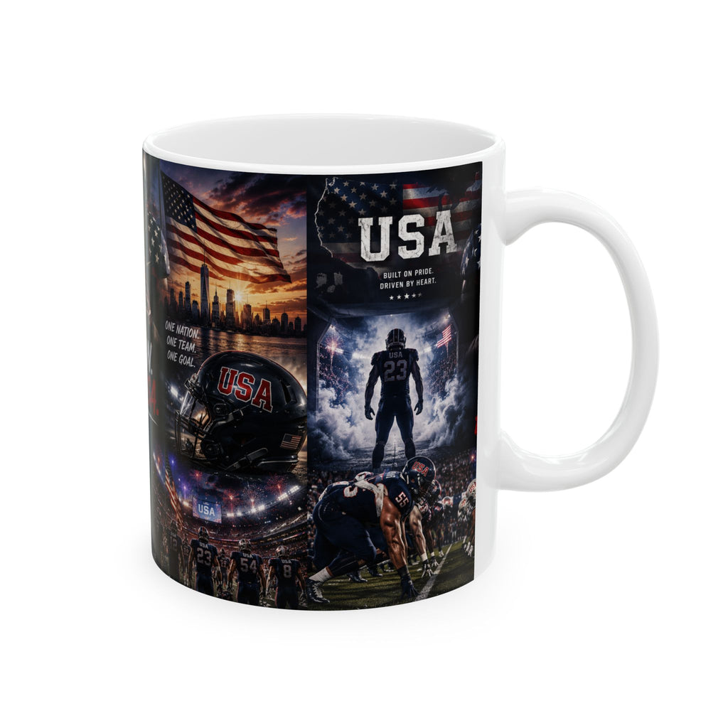 All In For USA Football Collage Mug | American Flag, Gridiron Stadium