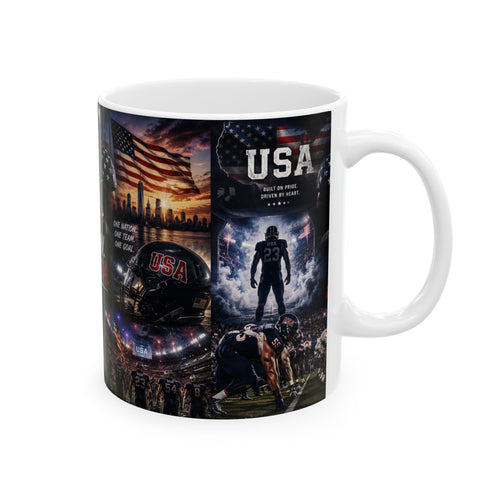 All In For USA Football Collage Mug | American Flag, Gridiron Stadium