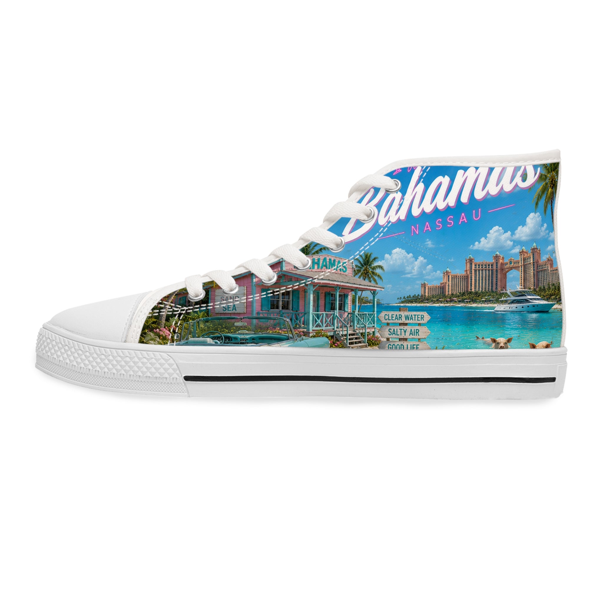 Bahamas Beach Scene High Top Sneakers | Tropical Flamingo Island Print