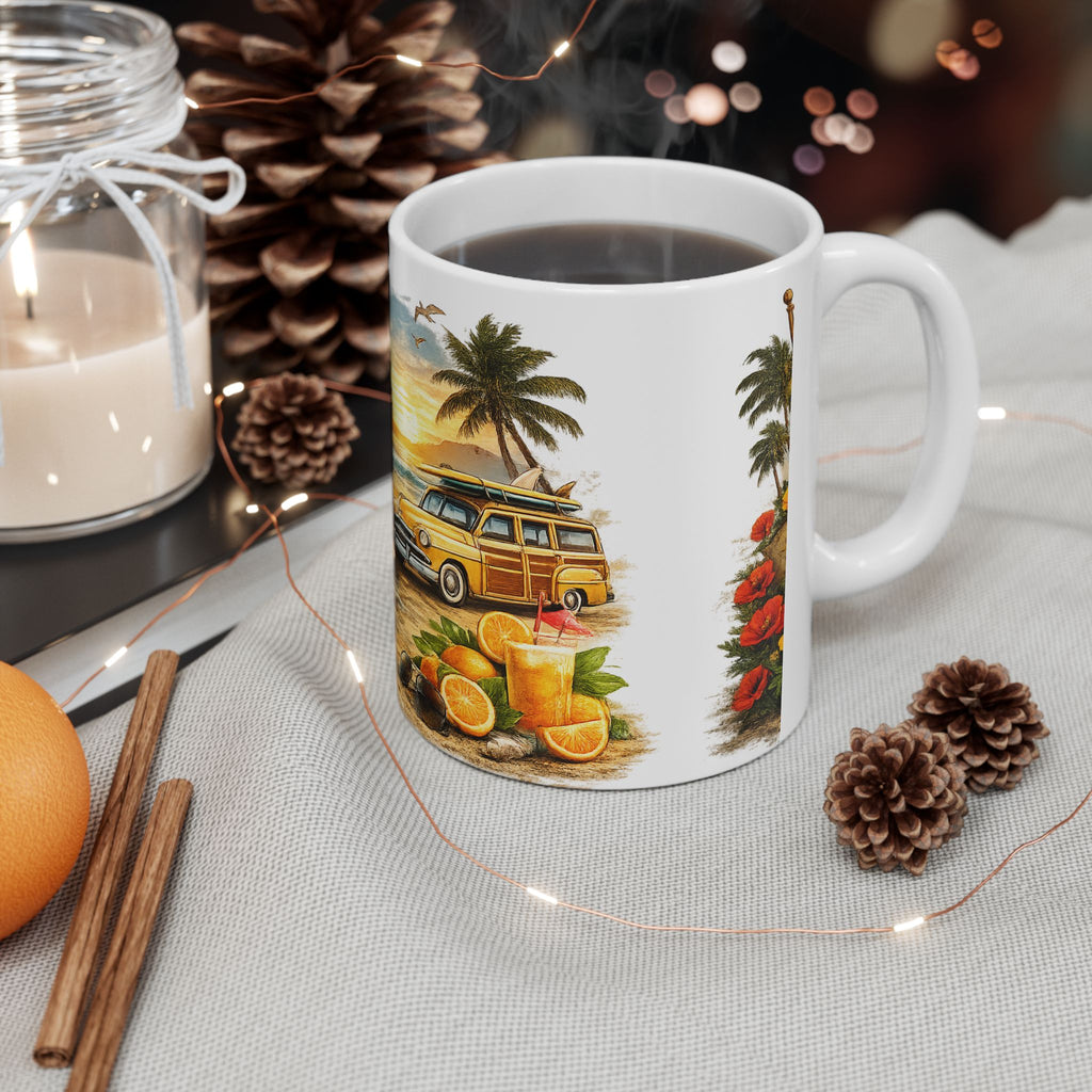 California Retro Beach Scene Mug | Golden Gate, Palm Trees, Surfboard