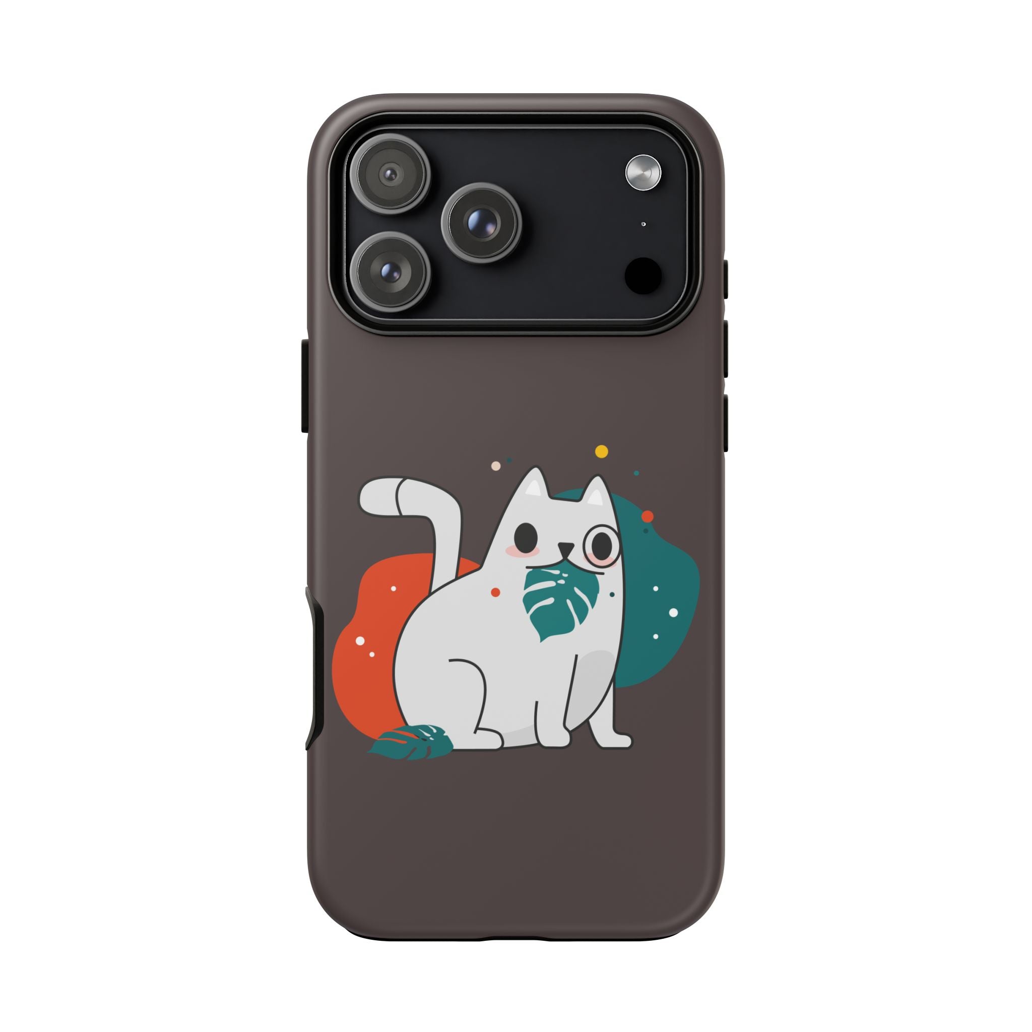 Cute White Cat Phone Case – Playful Cat with Leaf Design, Protective Tough Case