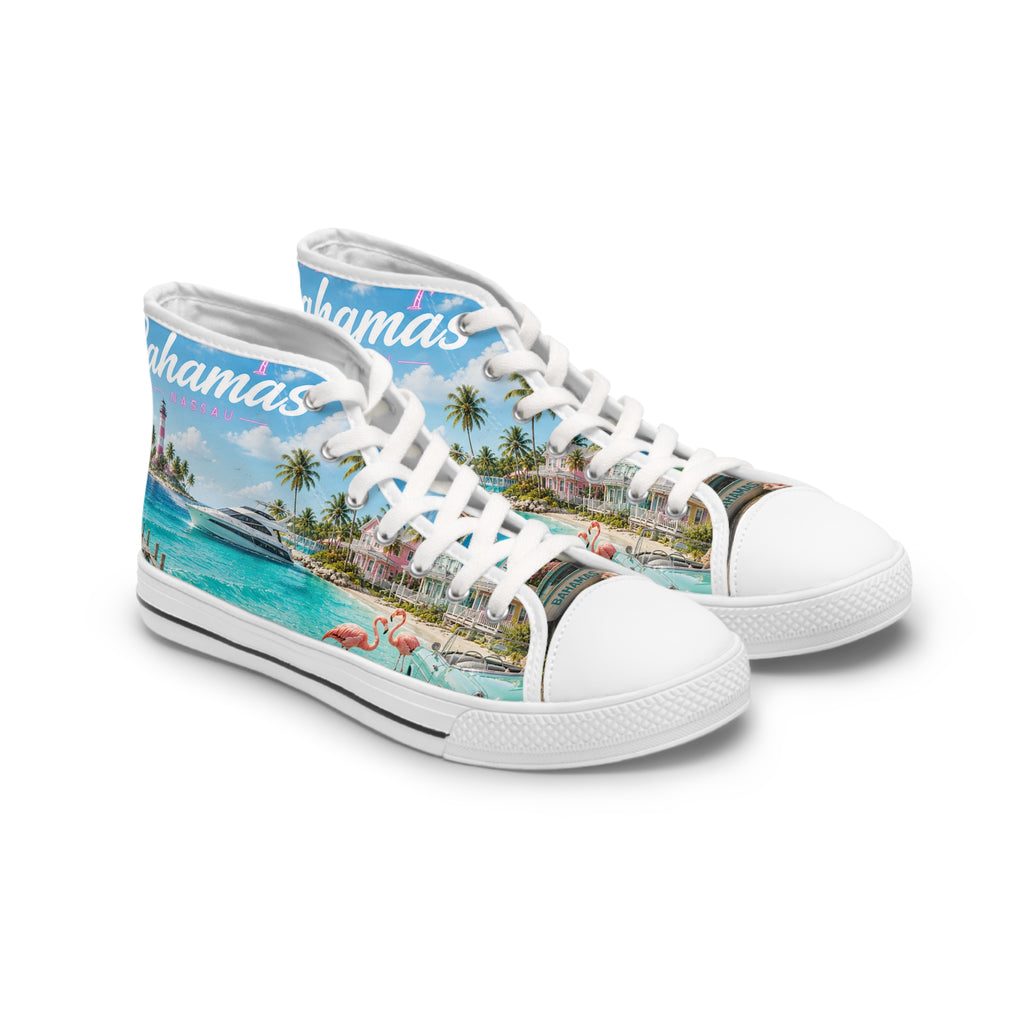 Bahamas Beach Scene High Top Sneakers | Tropical Flamingo Island Print