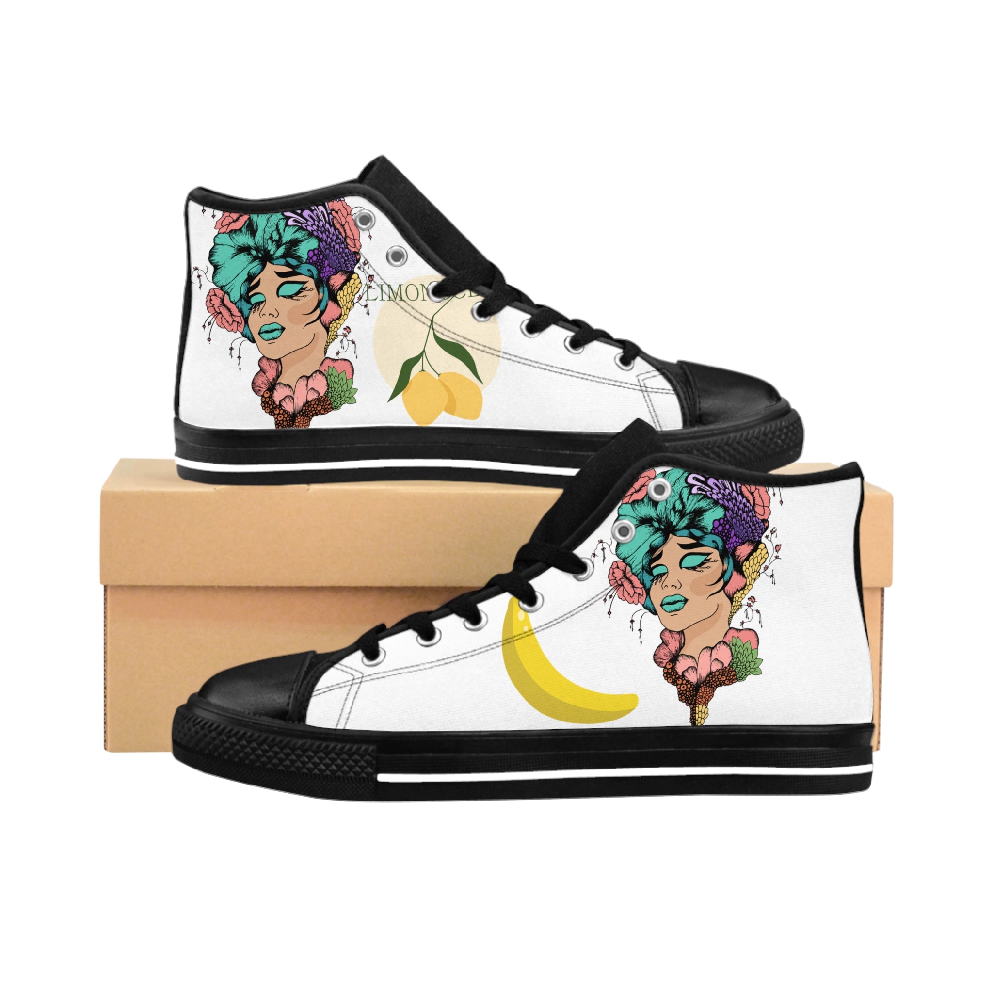 Floral Portrait Art Sneakers | High-Top Canvas Shoes, Retro Pop Graphics