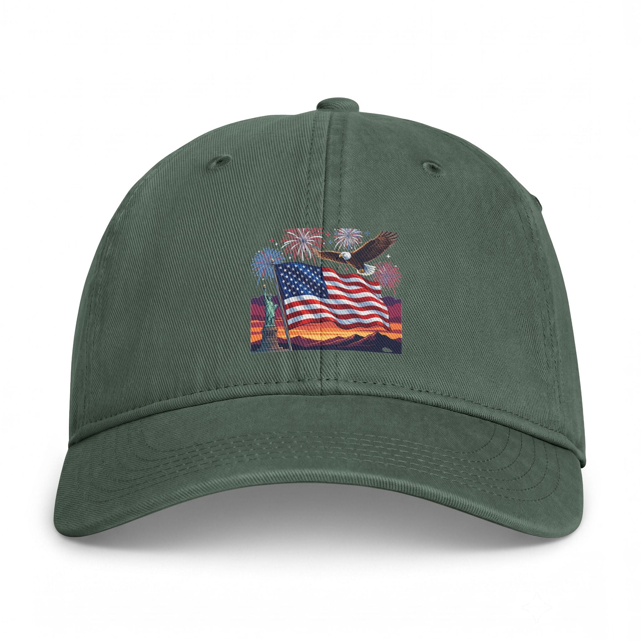 Coastal Flag Dad Hat — Washed Beach Baseball Cap with American Flag Sunset Embroidery