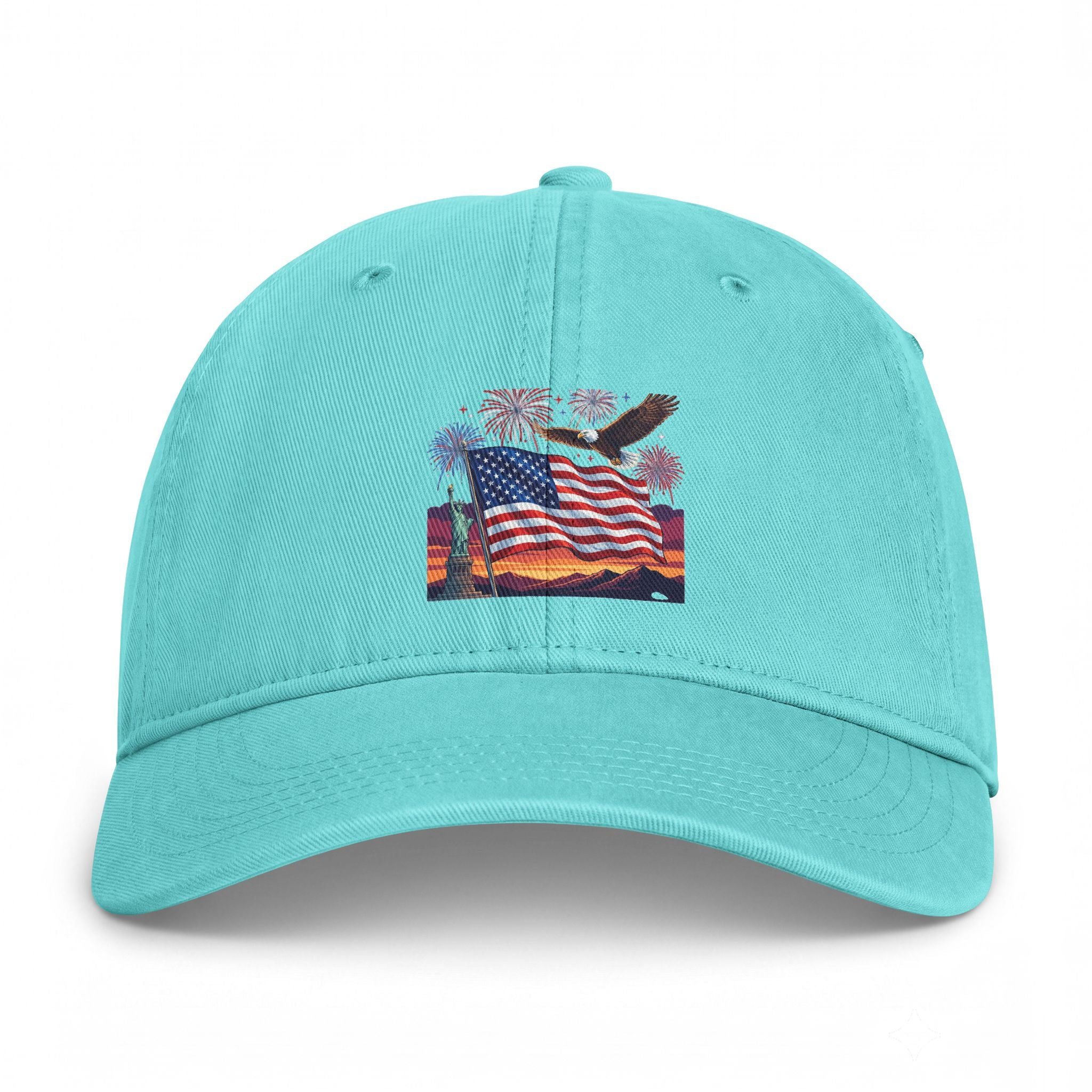 Coastal Flag Dad Hat — Washed Beach Baseball Cap with American Flag Sunset Embroidery