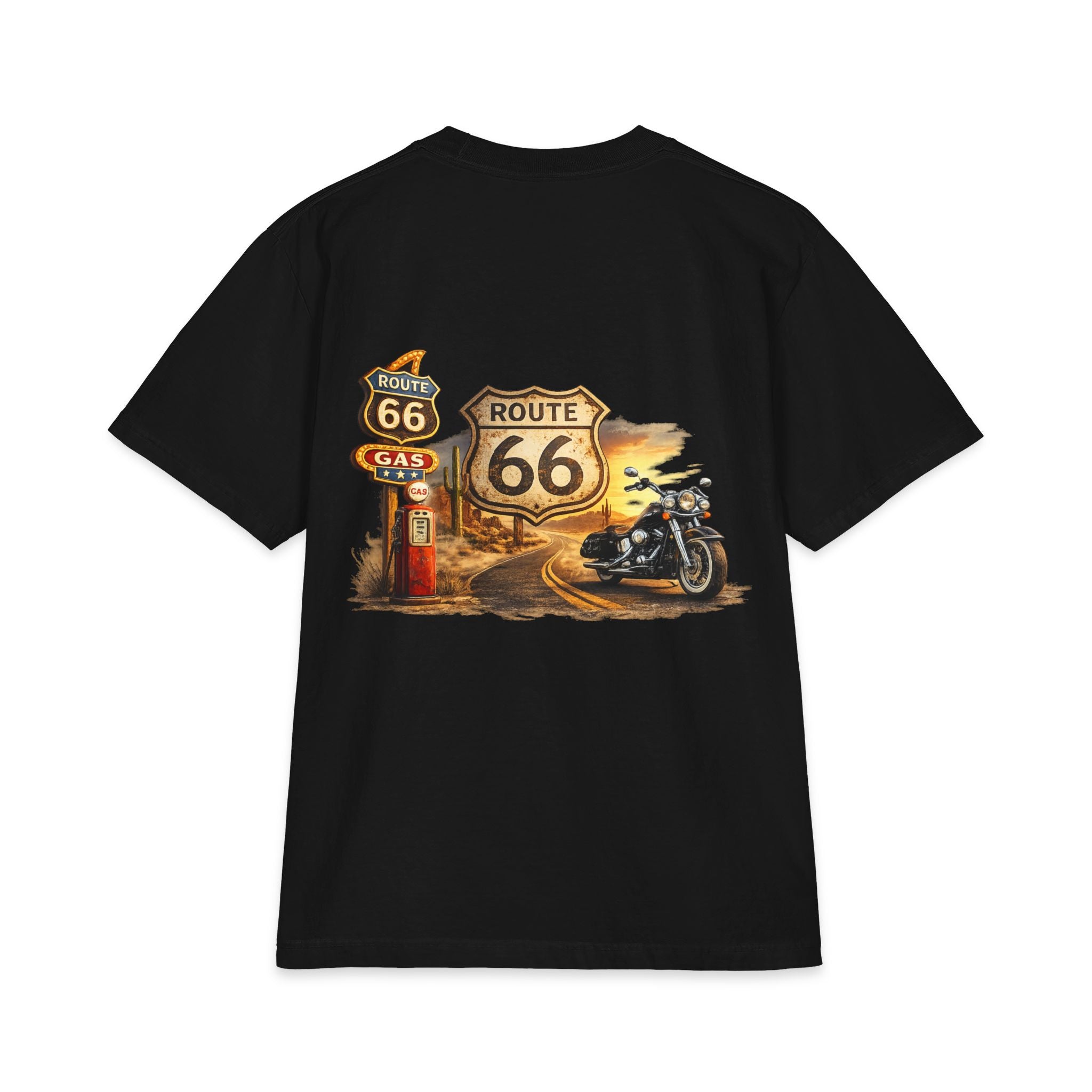 Route 66 Motorcycle T-Shirt | Retro Roadtrip Gas Station Graphic