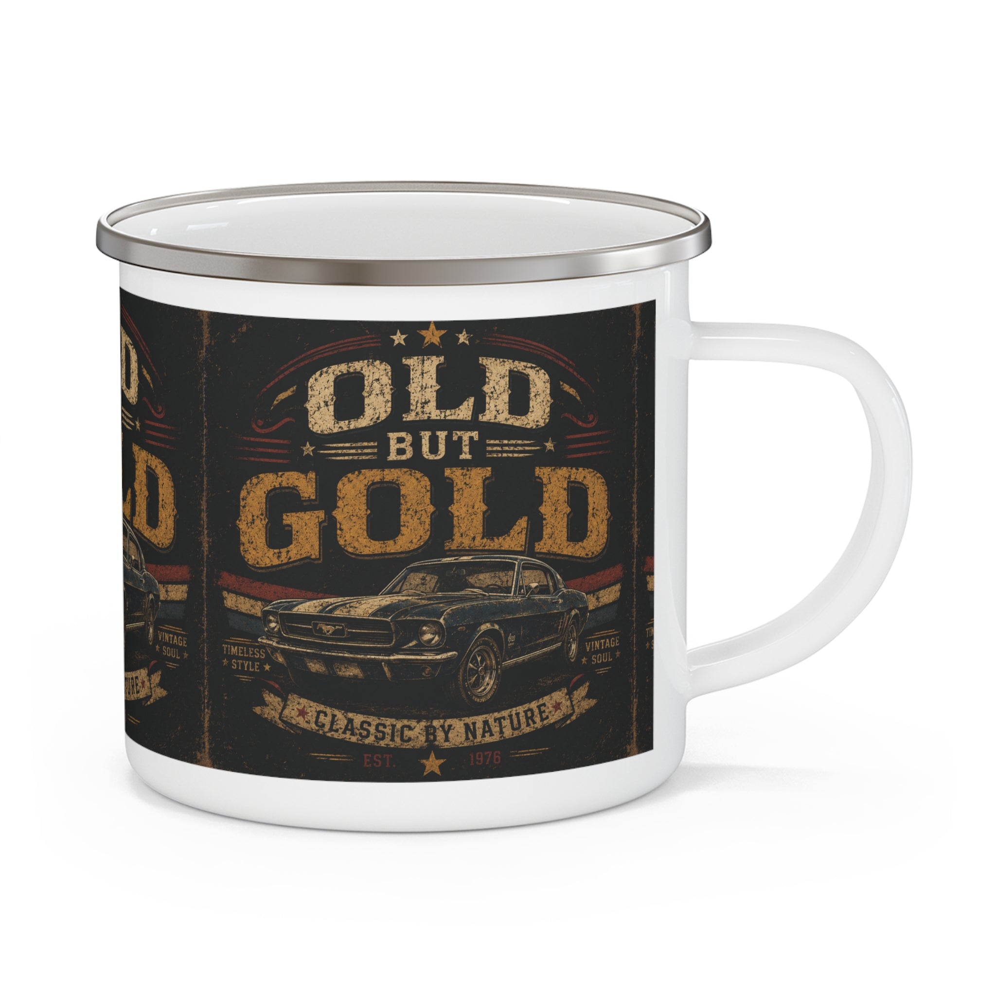 Old But Gold Classic Car Enamel Mug | Vintage Muscle Car Camping Cup