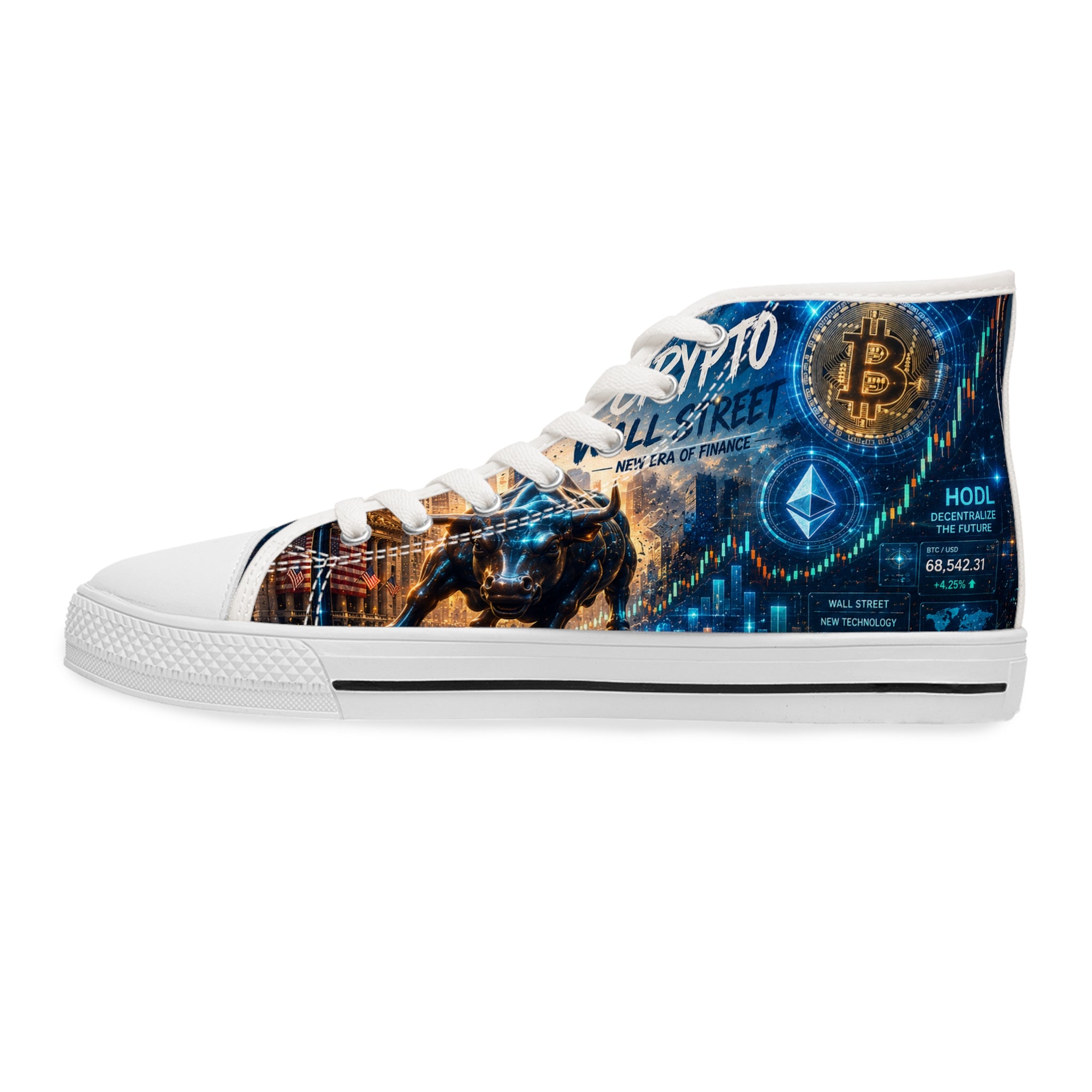Crypto Street Skyline High Top Sneakers | Bitcoin Cityscape Design