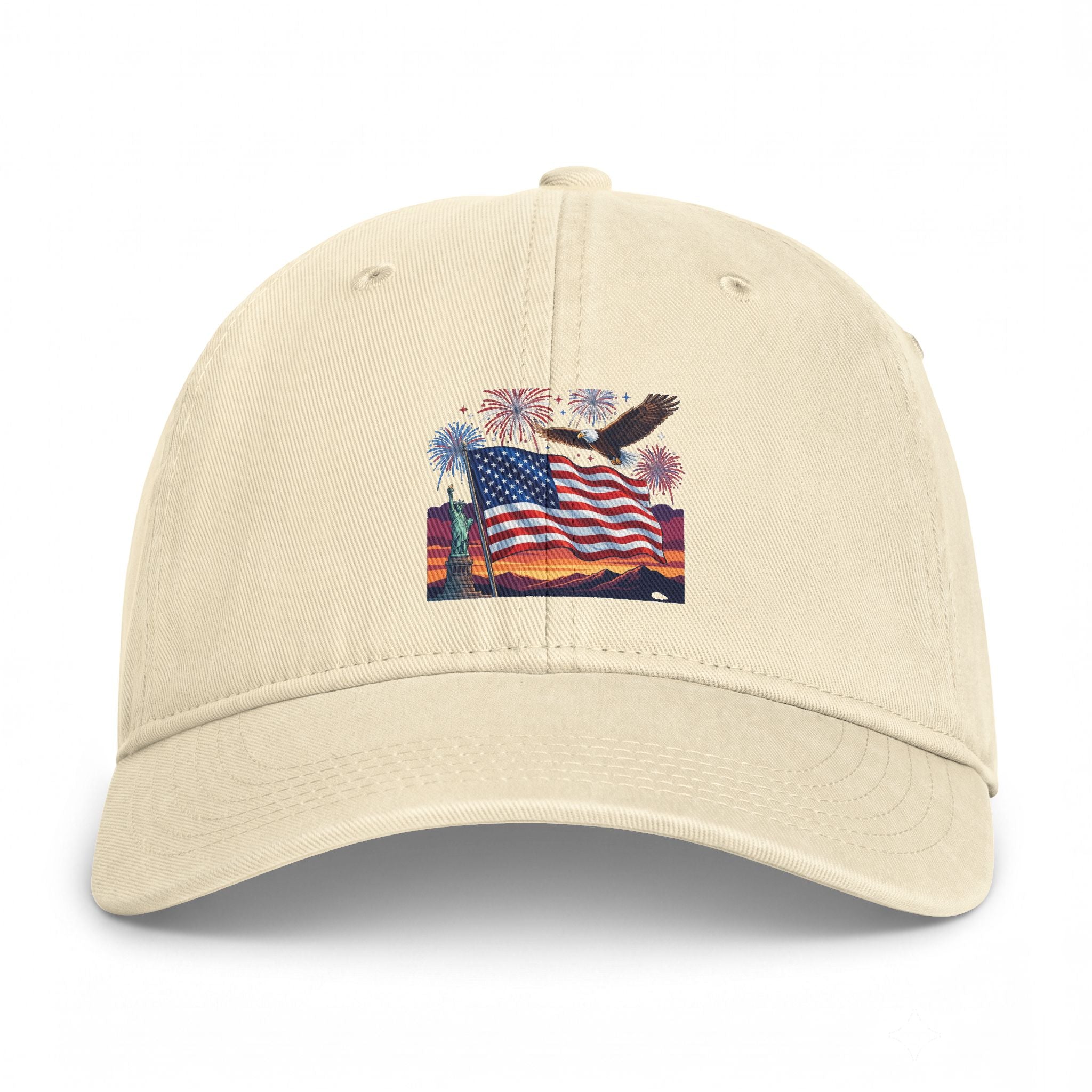 Coastal Flag Dad Hat — Washed Beach Baseball Cap with American Flag Sunset Embroidery