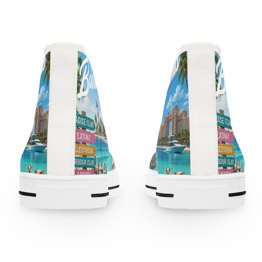 Bahamas Beach Scene High Top Sneakers | Tropical Flamingo Island Print