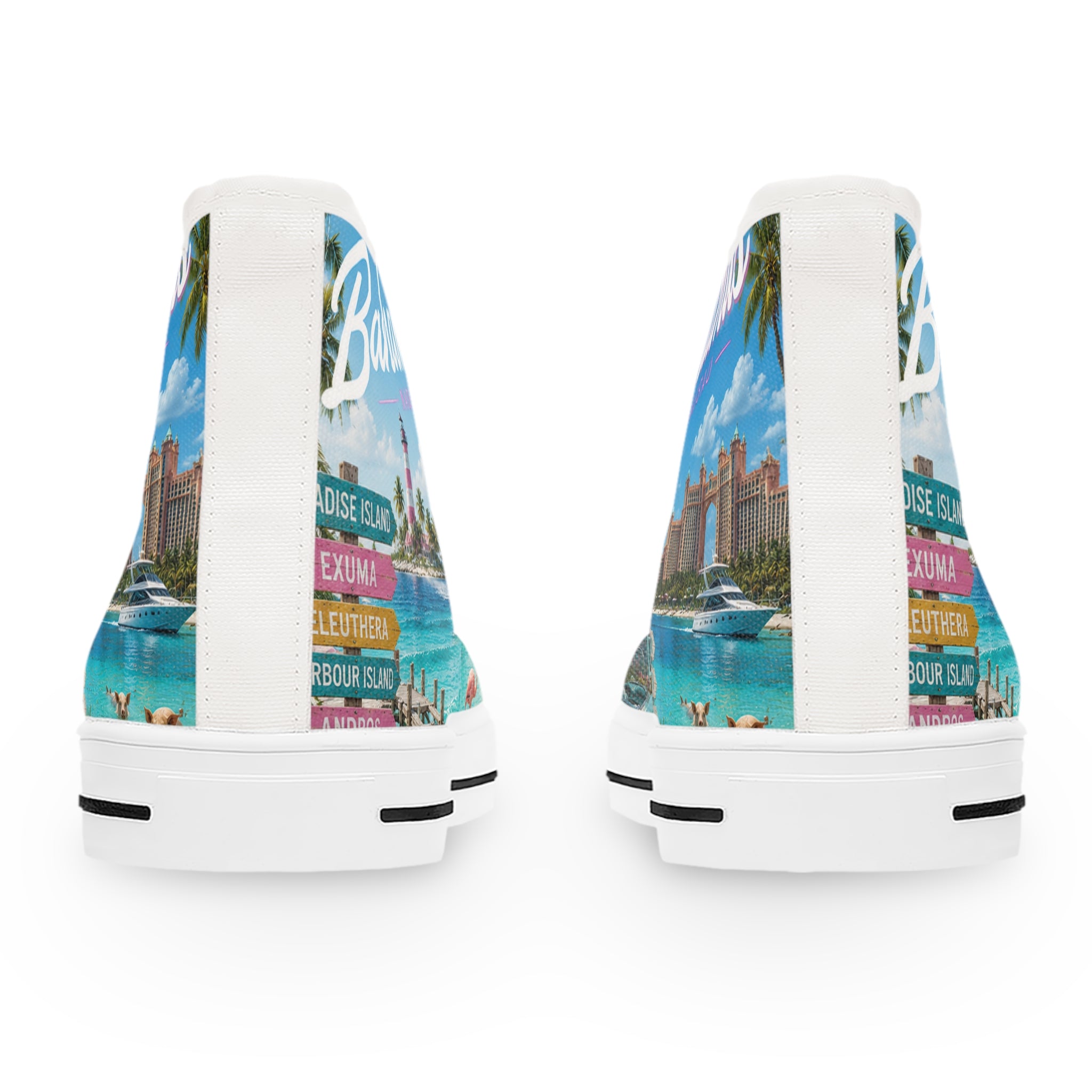 Bahamas Beach Scene High Top Sneakers | Tropical Flamingo Island Print