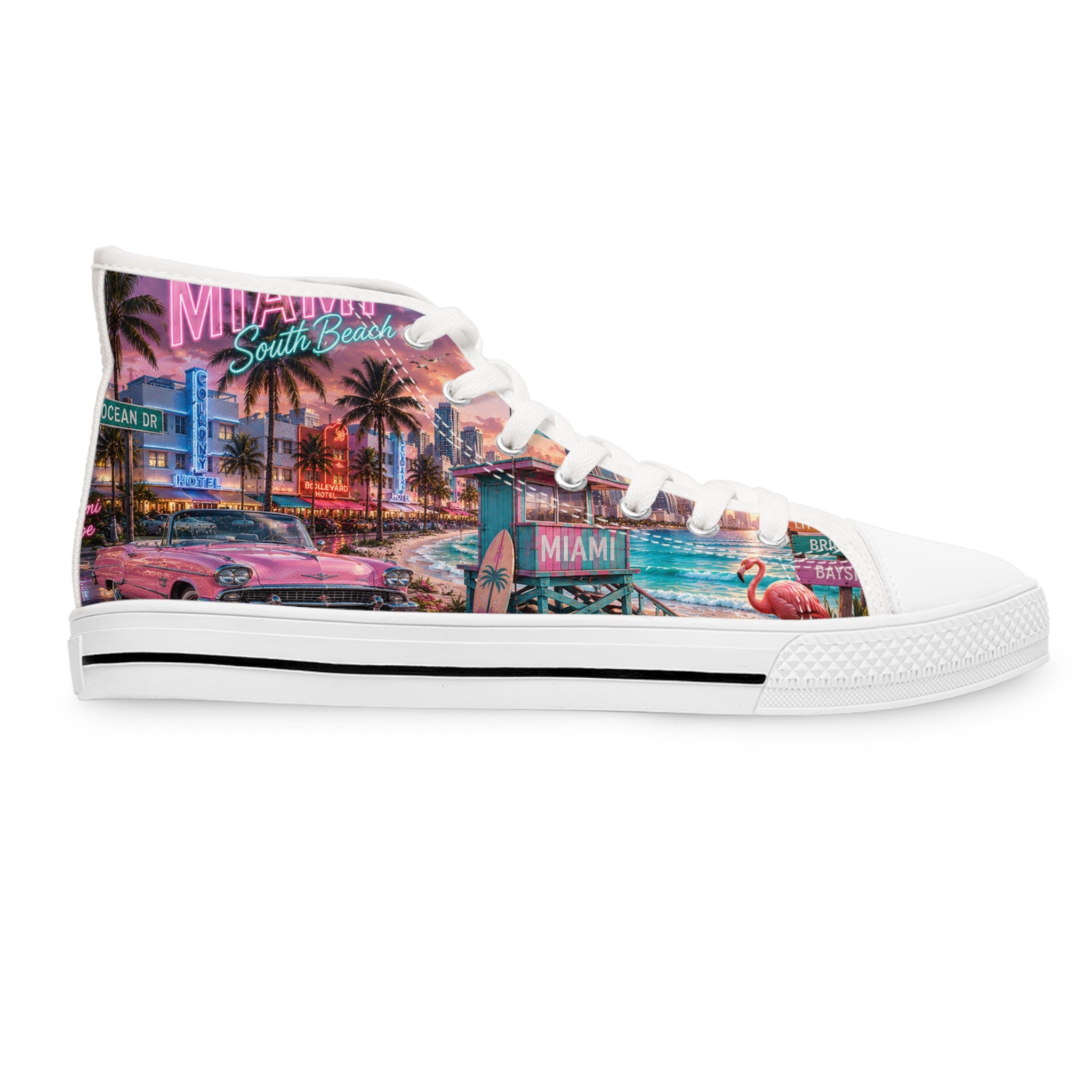 Miami Retro Beach Scene Women's High Top Sneakers | Palm Trees Neon Sunset