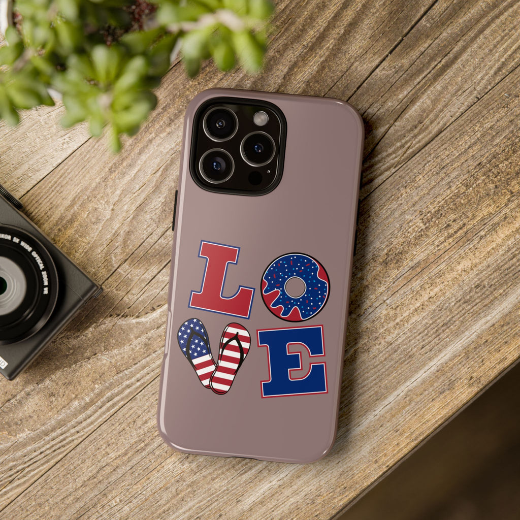 Patriotic LOVE Phone Case – American Flag Heart & Donut Design, 4th of July iPhone Cover