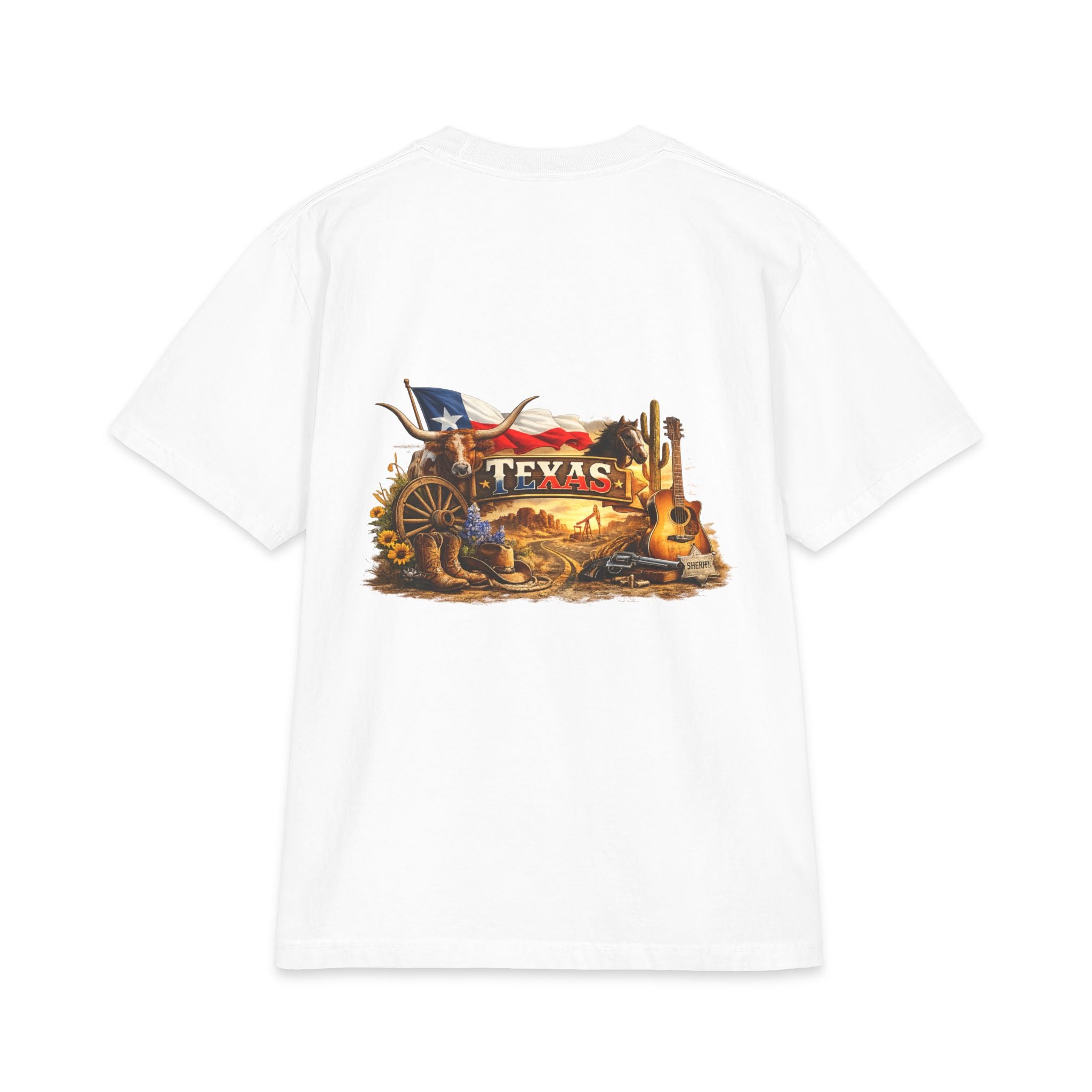 Texas Western Scene T-Shirt | Lone Star Flag, Cowboy Boot, Guitar