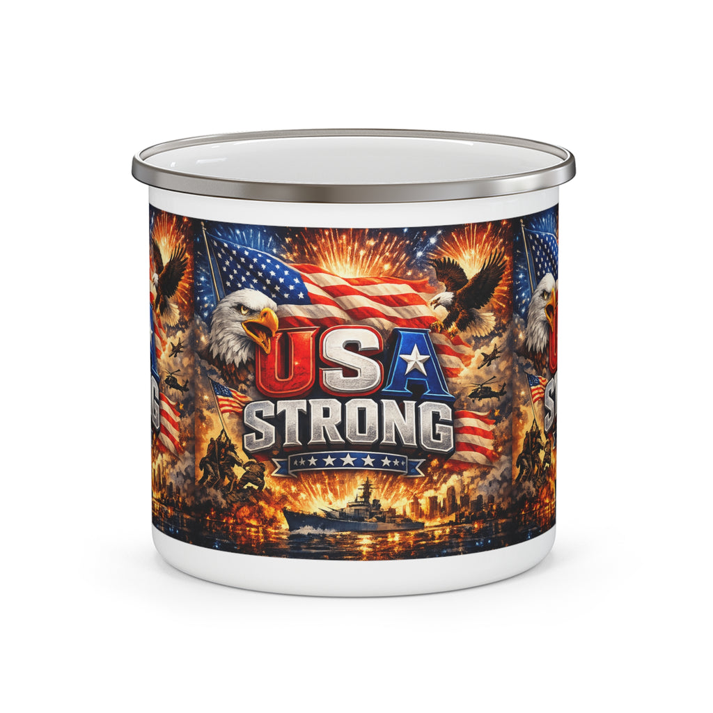 USA Strong enamel camping mug | American flag, bald eagle, patriotic design